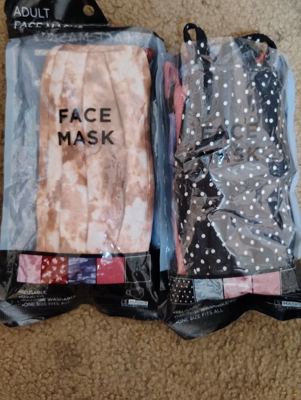 Adult Reusable Face Masks - Pink Tie-Dye & Black Polka Dot (2-Pack)